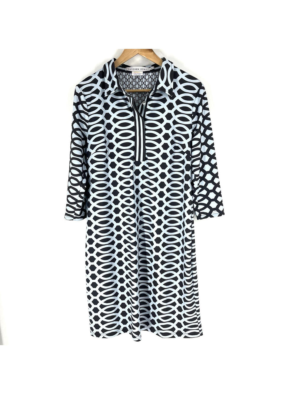 Gretchen Scott Everywhere Shirt Dress Size Large Gray Blue Geometric Print Prep